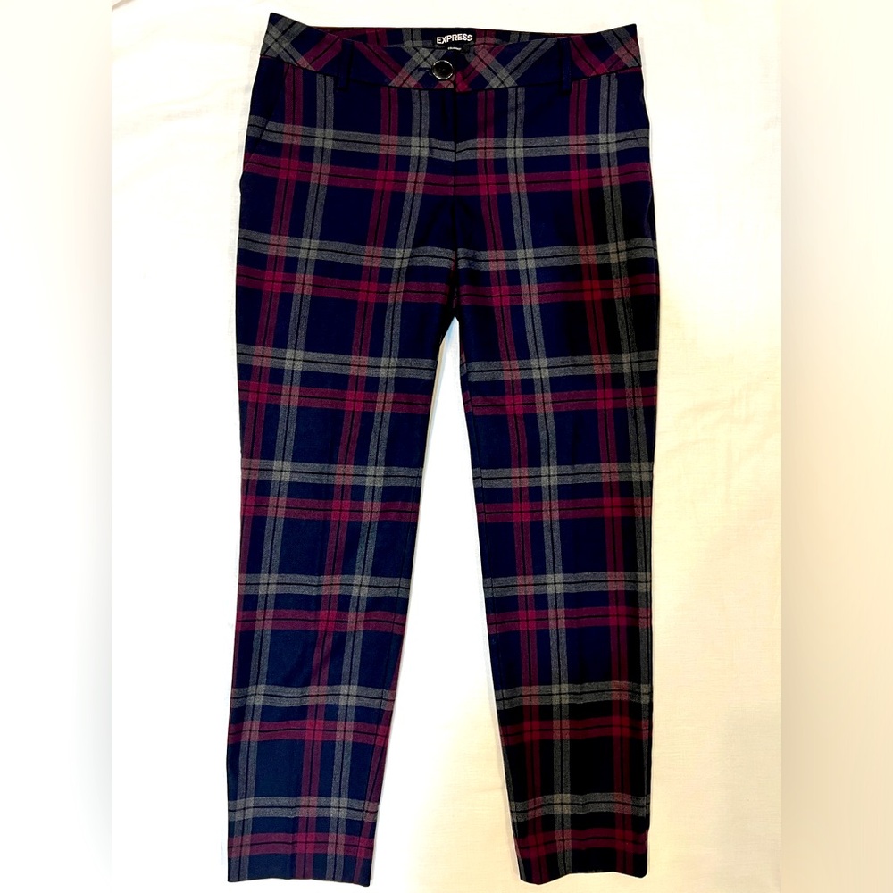 Express Size 4, Mid-Rise Ankle Pants, Plaid Colors Navy/Grey/Cranberry